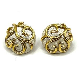 Vintage Crown Trifari Cream and Gold Tone Scrolls Clip Earrings